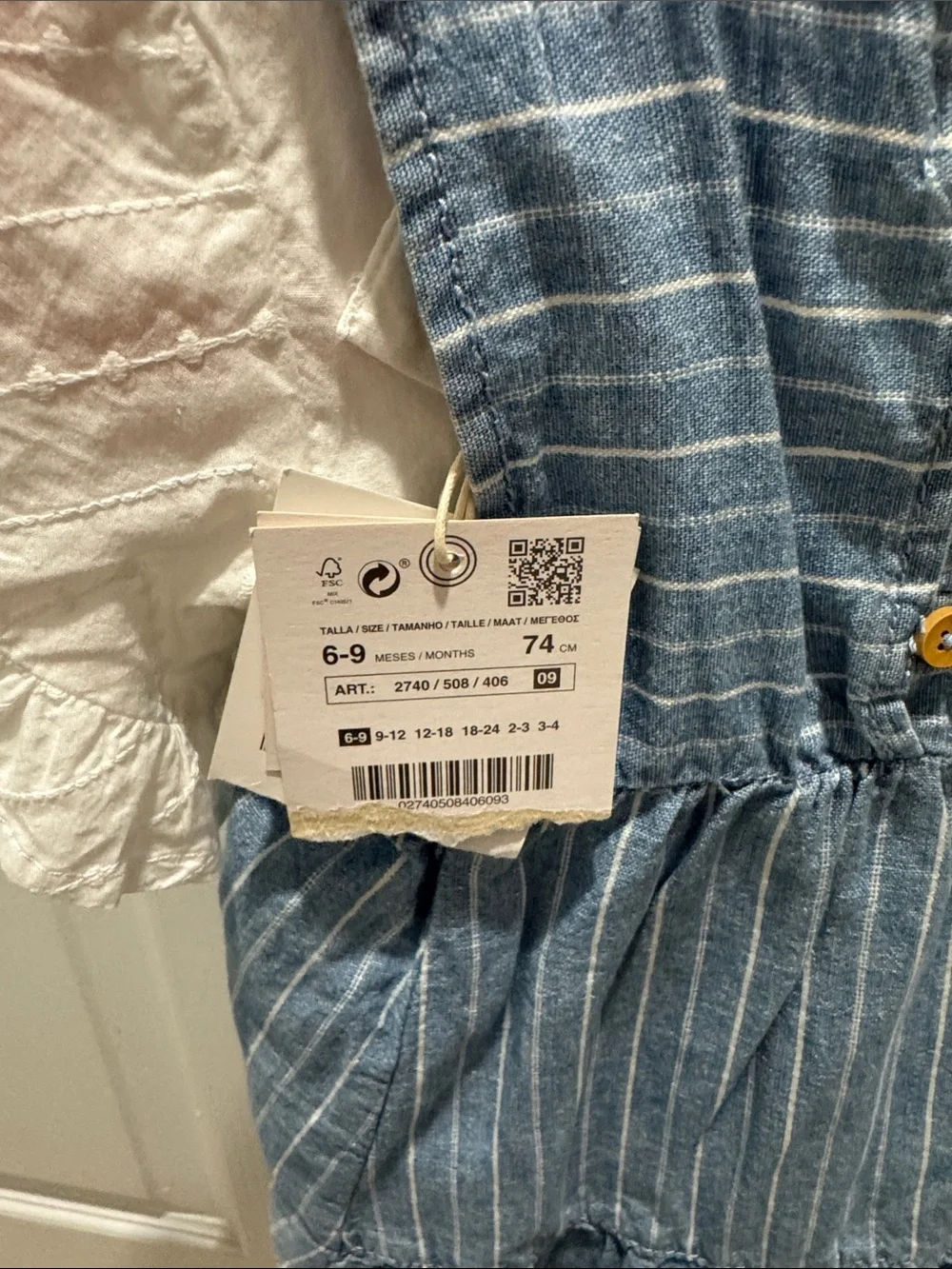 Blue Striped Linen Girls' Dress With White Top With Eyelet Sleeves Top Is 3-6M